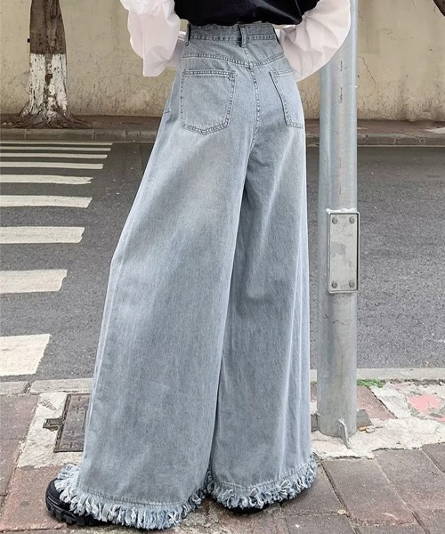 Miniministore(ミニミニストア)の「ワイドデニムパンツ 裾フリンジ ジーパン(デニムパンツ・レディース・インディゴブルー/サックスブルー・S/XL/M/L)」の8枚目の写真