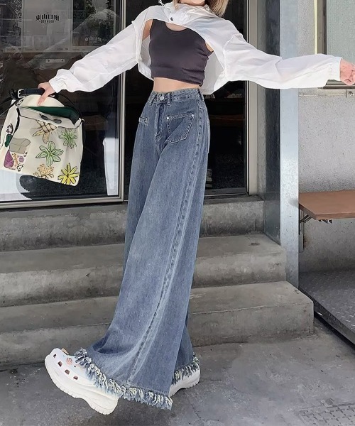 Miniministore(ミニミニストア)の「ワイドデニムパンツ 裾フリンジ ジーパン(デニムパンツ・レディース・インディゴブルー/サックスブルー・S/XL/M/L)」の10枚目の写真