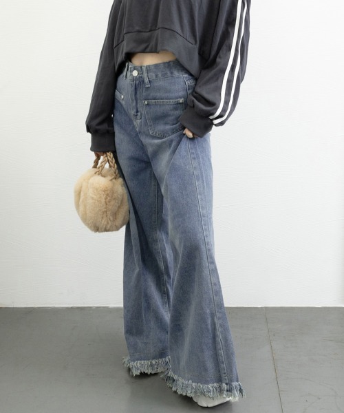 Miniministore(ミニミニストア)の「ワイドデニムパンツ 裾フリンジ ジーパン(デニムパンツ・レディース・インディゴブルー/サックスブルー・S/XL/M/L)」の12枚目の写真