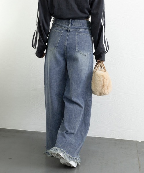 Miniministore(ミニミニストア)の「ワイドデニムパンツ 裾フリンジ ジーパン(デニムパンツ・レディース・インディゴブルー/サックスブルー・S/XL/M/L)」の14枚目の写真