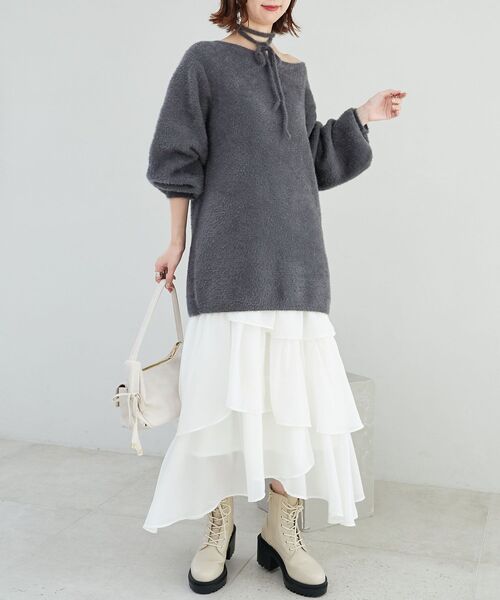 MAJESTIC LEGON（マジェスティックレゴン）の「チョーカーセットシャギーチュニック（ニット/セーター・レディース・チャコールグレー/モカ/ピンク/アイボリー・MEDIUM）」の6枚目の写真