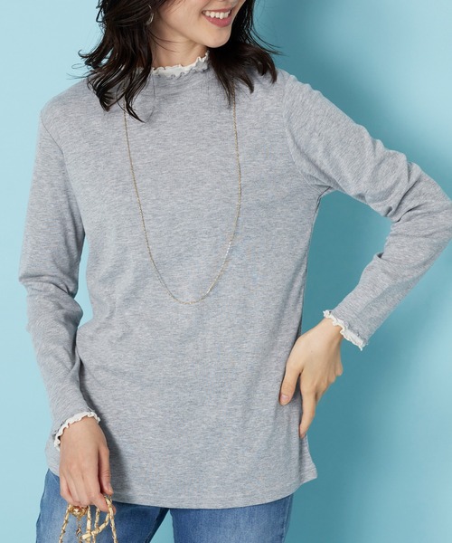 BELLUNA PLUS(ベルーナ)の「重ね着風フリル衿プルオーバー(Tシャツ/カットソー・レディース・ネイビー系/ライトグリーン系/グレー系/ライラック系/ホワイト系/ブラック/ピンクベージュ/ホワイト×ピンク/ブルー系その他/イエロー系/ワイン系/ブラック×グレー/セージグリーン・MEDIUM/X-LARGE/LARGE)」の6枚目の写真