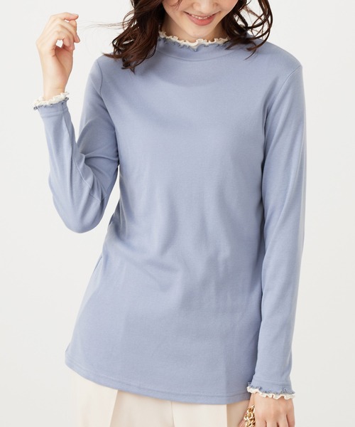 BELLUNA PLUS(ベルーナ)の「重ね着風フリル衿プルオーバー(Tシャツ/カットソー・レディース・ネイビー系/ライトグリーン系/グレー系/ライラック系/ホワイト系/ブラック/ピンクベージュ/ホワイト×ピンク/ブルー系その他/イエロー系/ワイン系/ブラック×グレー/セージグリーン・MEDIUM/X-LARGE/LARGE)」の10枚目の写真