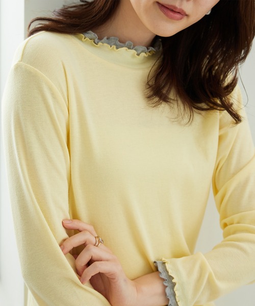 BELLUNA PLUS(ベルーナ)の「重ね着風フリル衿プルオーバー(Tシャツ/カットソー・レディース・ネイビー系/ライトグリーン系/グレー系/ライラック系/ホワイト系/ブラック/ピンクベージュ/ホワイト×ピンク/ブルー系その他/イエロー系/ワイン系/ブラック×グレー/セージグリーン・MEDIUM/X-LARGE/LARGE)」の15枚目の写真