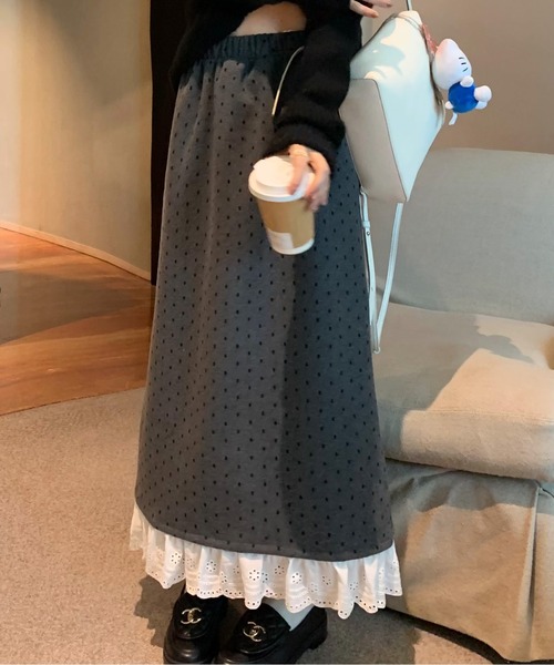 AMAJI（アマジ）の「コットンレース付きドット柄スカート（スカート・レディース・ブラック/グレー・FREE）」の7枚目の写真