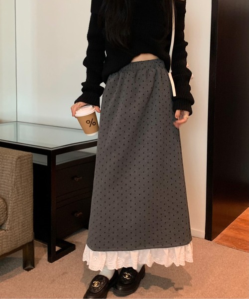 AMAJI（アマジ）の「コットンレース付きドット柄スカート（スカート・レディース・ブラック/グレー・FREE）」の6枚目の写真