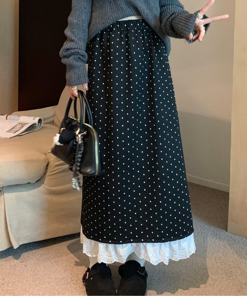 AMAJI（アマジ）の「コットンレース付きドット柄スカート（スカート・レディース・ブラック/グレー・FREE）」の5枚目の写真