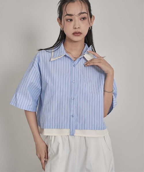 miette(ミエット)の「配色ダブル襟ストライプ半袖シャツ(シャツ/ブラウス・レディース・ブルー/ベージュ/オフホワイト・FREE)」の3枚目の写真