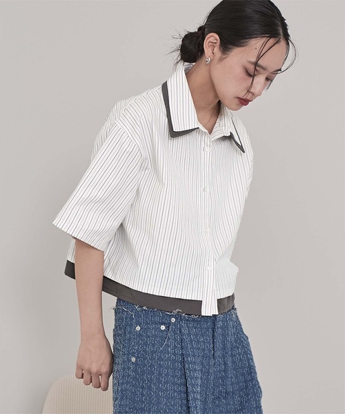 miette(ミエット)の「配色ダブル襟ストライプ半袖シャツ(シャツ/ブラウス・レディース・ブルー/ベージュ/オフホワイト・FREE)」の5枚目の写真