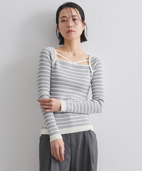 ketty（ケティ）の「ボーダーストリングスニットトップス≪手洗い可能≫（ニット/セーター・レディース・グレー系その他/ベージュ系その他/アイボリー・M）」の3枚目の写真