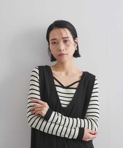 ketty（ケティ）の「ボーダーストリングスニットトップス≪手洗い可能≫（ニット/セーター・レディース・グレー系その他/ベージュ系その他/アイボリー・M）」の2枚目の写真