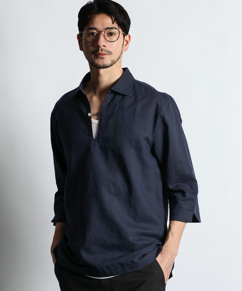 LANVIN en Bleu（ランバンオンブルー）の「コットン/リネン素材 7分袖 スキッパーシャツ（シャツ/ブラウス・メンズ・ホワイト/ライトブルー/ブラック/ネイビー・46/52/50/48）」の4枚目の写真