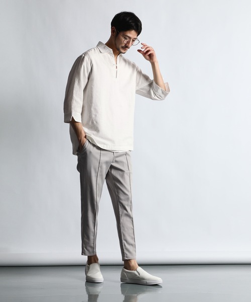 BLANC 半袖トップス コットン/リネン素材 7分袖 スキッパーシャツ(シャツ/ブラウス