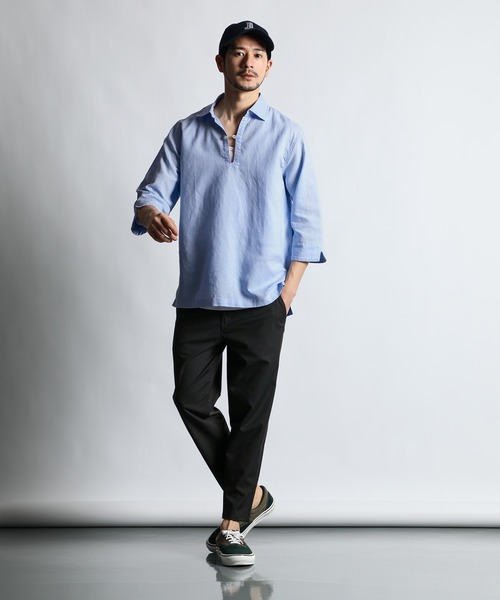 ランバンオンブルー リネン混スキッパーシャツ 綿 麻 7分袖 24ss 白系 コットン/リネン素材 7分袖 スキッパーシャツ – LANVIN en Bleu MENS