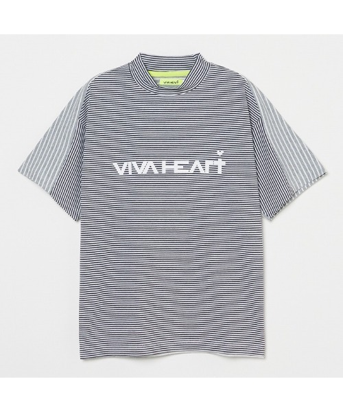 未使用 ビバハート モックネック ボーダー 長袖 シャツ ベージュ レディースM ビバハート ストレッチメッシュボーダー半袖モックネック 012-28443