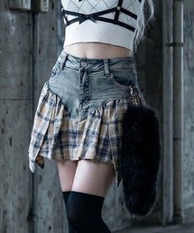 チェック柄デニムスカパン