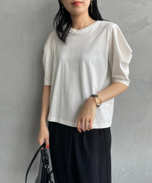 mizuiroind（ミズイロインド）の「[mizuiro ind/ミズイロインド] ドレープスリーブ 5分丈Tシャツ（Tシャツ/カットソー・レディース・ダークグレー/オフホワイト/ブラック・F）」の9枚目の写真