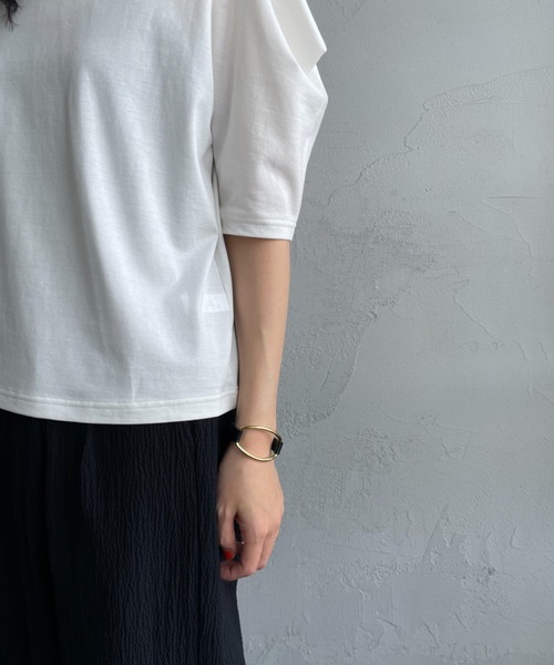 mizuiroind（ミズイロインド）の「[mizuiro ind/ミズイロインド] ドレープスリーブ 5分丈Tシャツ（Tシャツ/カットソー・レディース・ダークグレー/オフホワイト/ブラック・F）」の14枚目の写真
