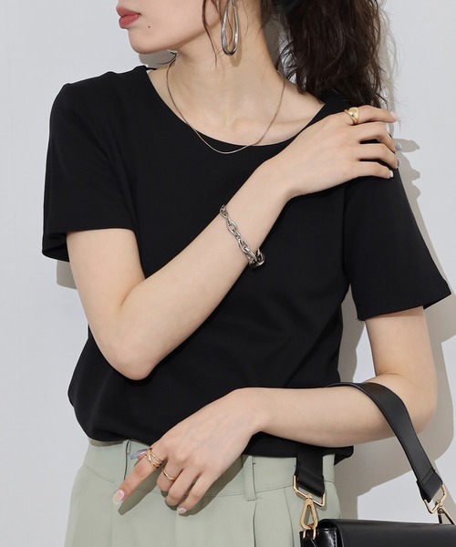 tシャツ コンパクトUネックT レディース セール】ワイドネック コンパクト リブTシャツ（Tシャツ