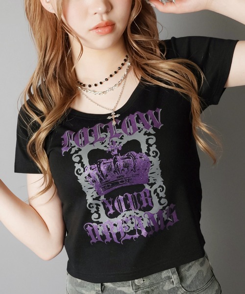 SPINNS(スピンズ)の「平成ギャルTシャツ/クラウンラメ(Tシャツ/カットソー・レディース・オフホワイト/ブラック・ONESIZE)」の2枚目の写真