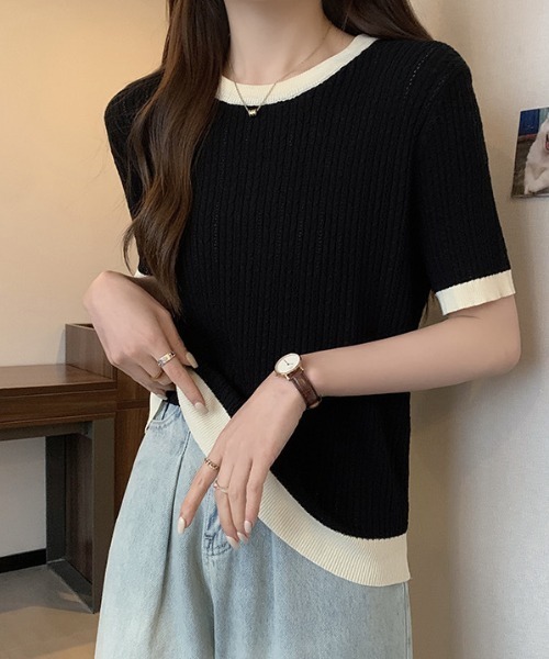 deux amour(ドゥーザムール)の「バインダー配色パターンメッシュニット半袖プルオーバー(ニット/セーター・レディース・ホワイト/グレー/ブラック・FREE)」の2枚目の写真