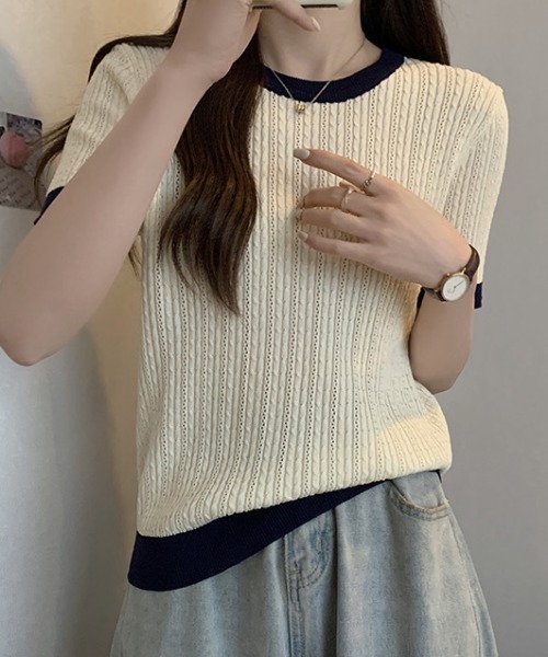 deux amour(ドゥーザムール)の「バインダー配色パターンメッシュニット半袖プルオーバー(ニット/セーター・レディース・ホワイト/グレー/ブラック・FREE)」の5枚目の写真