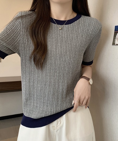 deux amour(ドゥーザムール)の「バインダー配色パターンメッシュニット半袖プルオーバー(ニット/セーター・レディース・ホワイト/グレー/ブラック・FREE)」の7枚目の写真