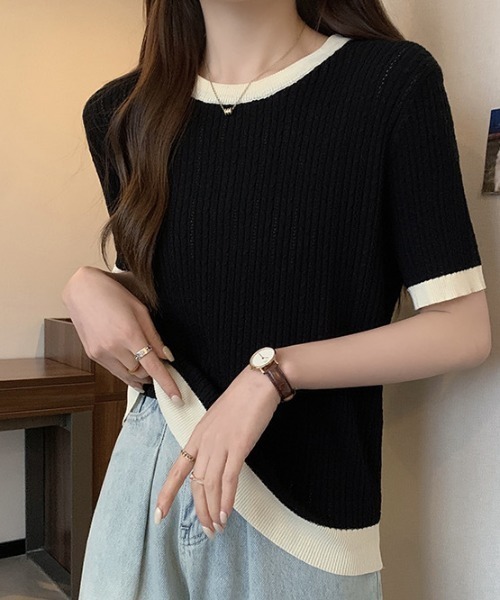 deux amour(ドゥーザムール)の「バインダー配色パターンメッシュニット半袖プルオーバー(ニット/セーター・レディース・ホワイト/グレー/ブラック・FREE)」の10枚目の写真