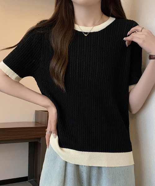 deux amour(ドゥーザムール)の「バインダー配色パターンメッシュニット半袖プルオーバー(ニット/セーター・レディース・ホワイト/グレー/ブラック・FREE)」の12枚目の写真
