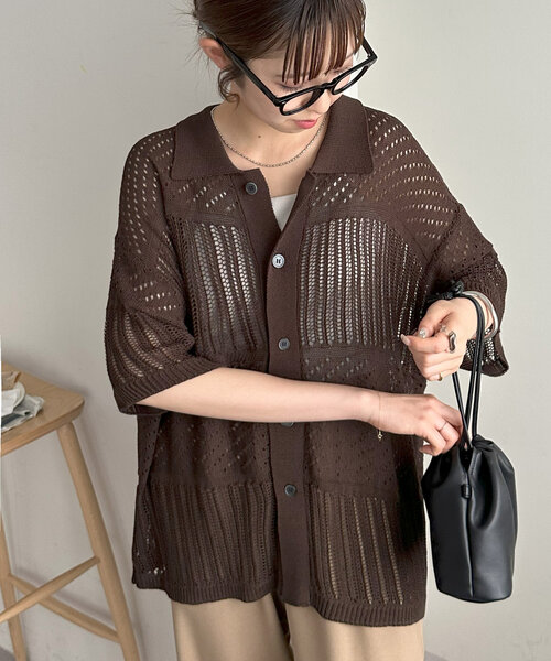 DISCOAT（ディスコート）の「【ユニセックス】スカシアミニットカーディガン（カーディガン/ボレロ・レディース・カーキ/ブラック/ダークブラウン・FREE）」の3枚目の写真