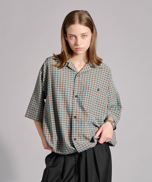 OPEN COLLAR SEERSUCKER PLAID SHIRT / オープンカラーシア