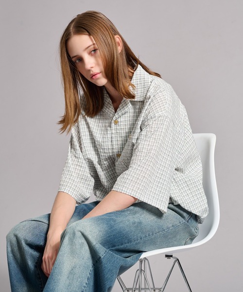 WETTEMPT(ウィテンプト)の「OPEN COLLAR SEERSUCKER PLAID SHIRT / オープンカラーシアサッカーチェックシャツ(シャツ/ブラウス・メンズ・ブラウン/ネイビー/ブラック/オフホワイト・SMALL/MEDIUM/LARGE)」の5枚目の写真