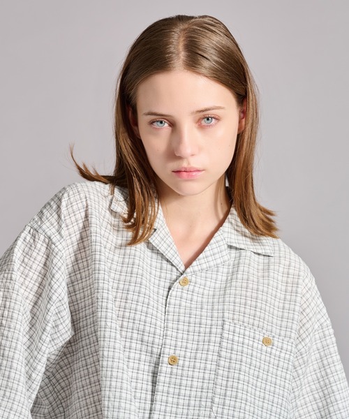 OPEN COLLAR SEERSUCKER PLAID SHIRT / オープンカラーシアサッカー