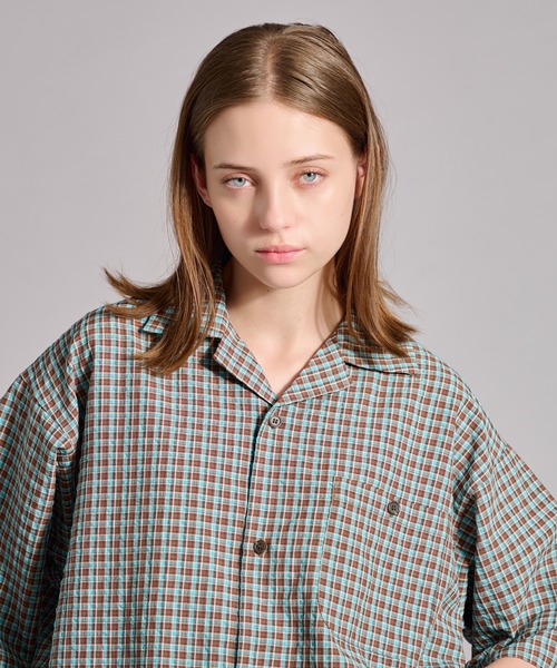 OPEN COLLAR SEERSUCKER PLAID SHIRT / オープンカラーシア