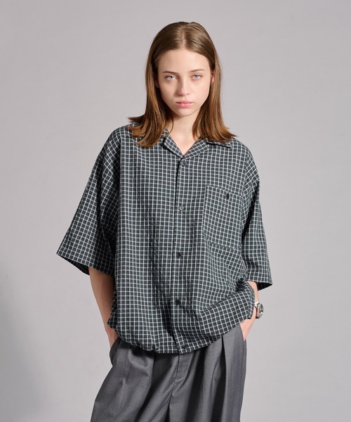 OPEN COLLAR SEERSUCKER PLAID SHIRT / オープンカラーシアサッカー