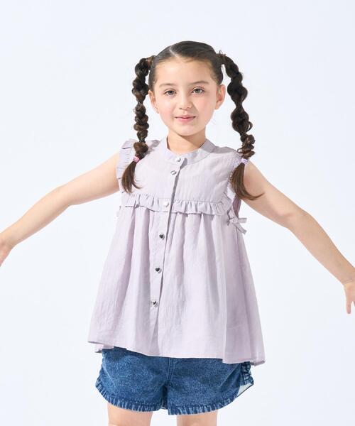 SHOO・LA・RUE（シューラルー）の「【110-150cm】ハートボタンがアクセント ノースリーブブラウス（シャツ/ブラウス・キッズ・ライトベージュ/パープル・10/11/12/13/14/15 ）」の2枚目の写真