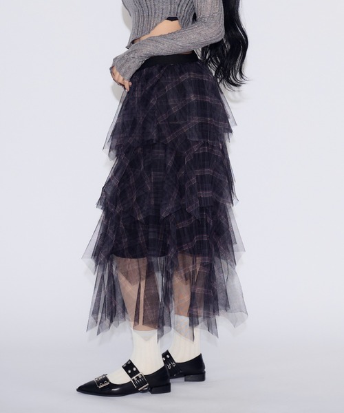 JilLA（ジルア）の「Checkered Tulle Tiered Skirt / チェック柄チュールティアードスカート（スカート・レディース・ネイビー/ブラック・FREE）」の11枚目の写真