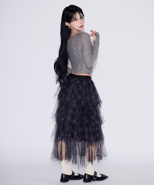 JilLA（ジルア）の「Checkered Tulle Tiered Skirt / チェック柄チュールティアードスカート（スカート・レディース・ネイビー/ブラック・FREE）」の7枚目の写真