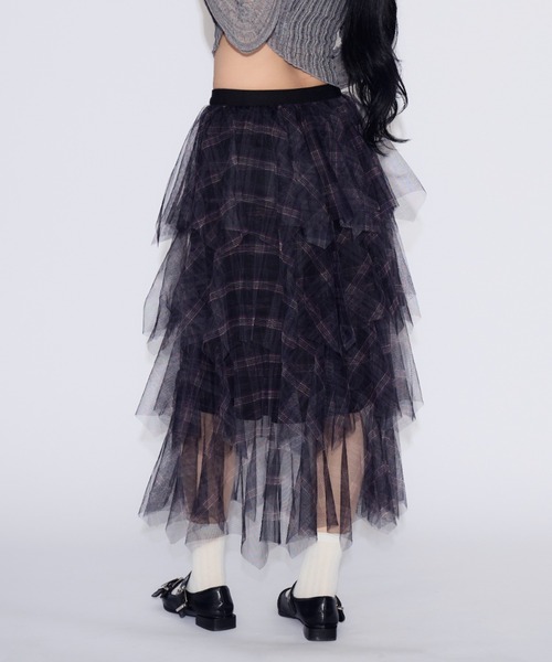 JilLA（ジルア）の「Checkered Tulle Tiered Skirt / チェック柄チュールティアードスカート（スカート・レディース・ネイビー/ブラック・FREE）」の10枚目の写真