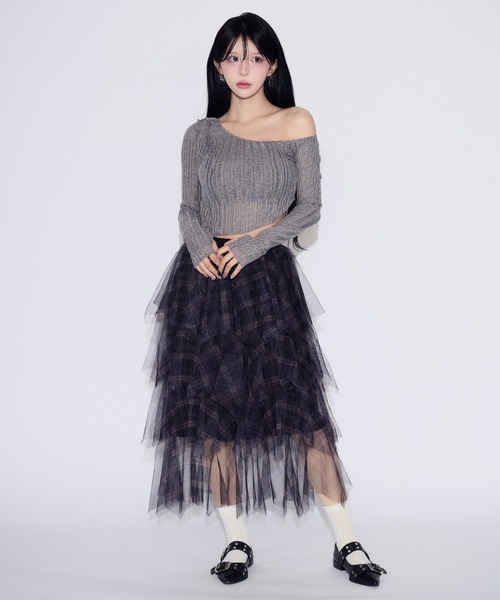JilLA（ジルア）の「Checkered Tulle Tiered Skirt / チェック柄チュールティアードスカート（スカート・レディース・ネイビー/ブラック・FREE）」の6枚目の写真