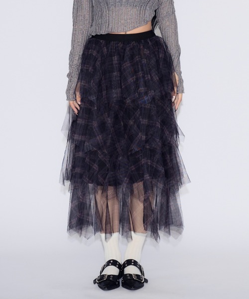 JilLA（ジルア）の「Checkered Tulle Tiered Skirt / チェック柄チュールティアードスカート（スカート・レディース・ネイビー/ブラック・FREE）」の9枚目の写真