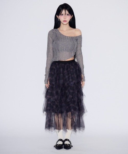 JilLA（ジルア）の「Checkered Tulle Tiered Skirt / チェック柄チュールティアードスカート（スカート・レディース・ネイビー/ブラック・FREE）」の12枚目の写真