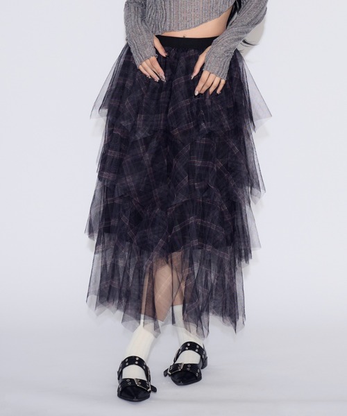 JilLA（ジルア）の「Checkered Tulle Tiered Skirt / チェック柄チュールティアードスカート（スカート・レディース・ネイビー/ブラック・FREE）」の8枚目の写真