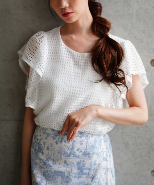 Sawa a la mode(サワアラモード)の「メッシュフリルスリーブトップス(Tシャツ/カットソー・レディース・ホワイト/ブラック・FREE)」の2枚目の写真