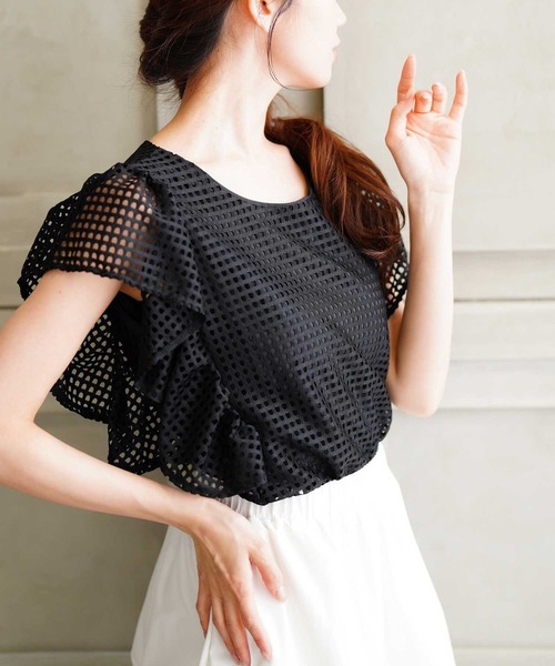 Sawa a la mode(サワアラモード)の「メッシュフリルスリーブトップス(Tシャツ/カットソー・レディース・ホワイト/ブラック・FREE)」の1枚目の写真