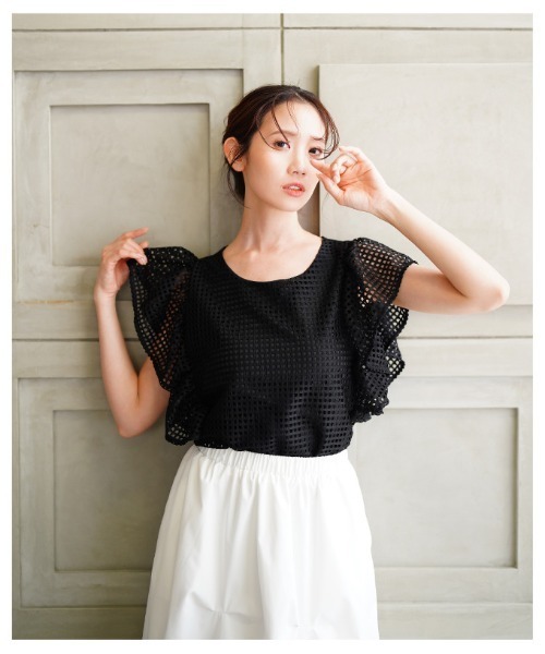 Sawa a la mode(サワアラモード)の「メッシュフリルスリーブトップス(Tシャツ/カットソー・レディース・ホワイト/ブラック・FREE)」の8枚目の写真