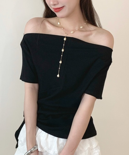 L LABEL（エルラベル）の「アシンメトリーオフショルトップ（Tシャツ/カットソー・レディース・チャコールグレー/グレー/ホワイト/ブラック・FREE）」の2枚目の写真