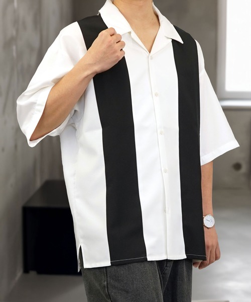 Burner（バーナー）の「【GROOVY STORE】オープンカラー ワイドシャツ 無地 ストライプ（シャツ/ブラウス・メンズ・ホワイト/ブラック×グレー/ブルー系その他/ホワイト×ブラック/ブラック/チャコールグレー/グレイッシュブルー・M/L）」の3枚目の写真