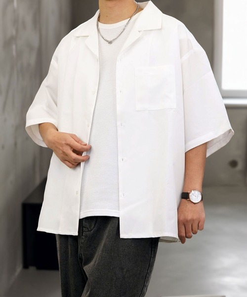 Burner（バーナー）の「【GROOVY STORE】オープンカラー ワイドシャツ 無地 ストライプ（シャツ/ブラウス・メンズ・ホワイト/ブラック×グレー/ブルー系その他/ホワイト×ブラック/ブラック/チャコールグレー/グレイッシュブルー・M/L）」の2枚目の写真