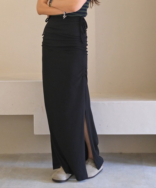 AKTE（アクテ）の「サイドギャザー2WAYカットソースカート（スカート・レディース・ブラック/セージグリーン・1/2）」の2枚目の写真